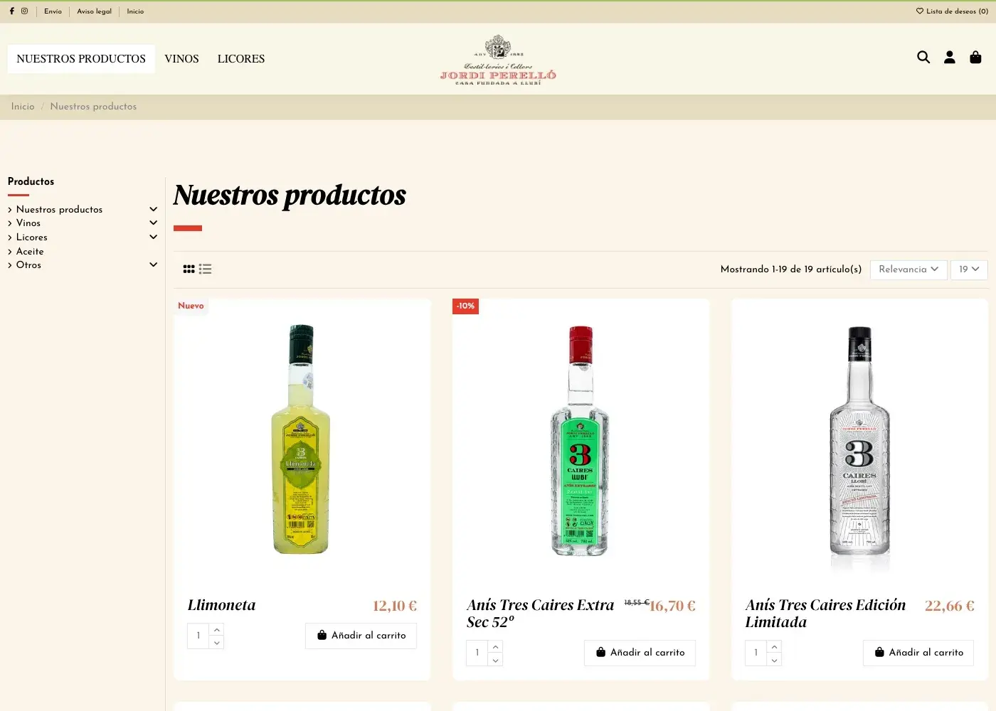 Catálogo de producto con precios, promociones y categorías