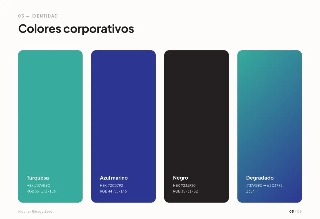 Colores corporativos del manual de marca: turquesa, azul marino, negro y degradado
