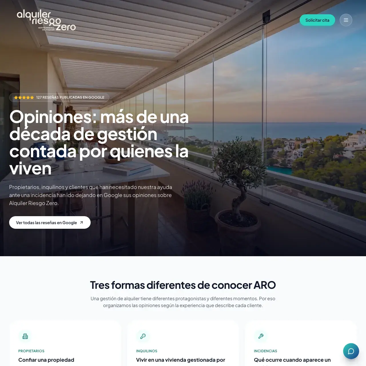 Página de opiniones de clientes en la web de Alquiler Riesgo Zero