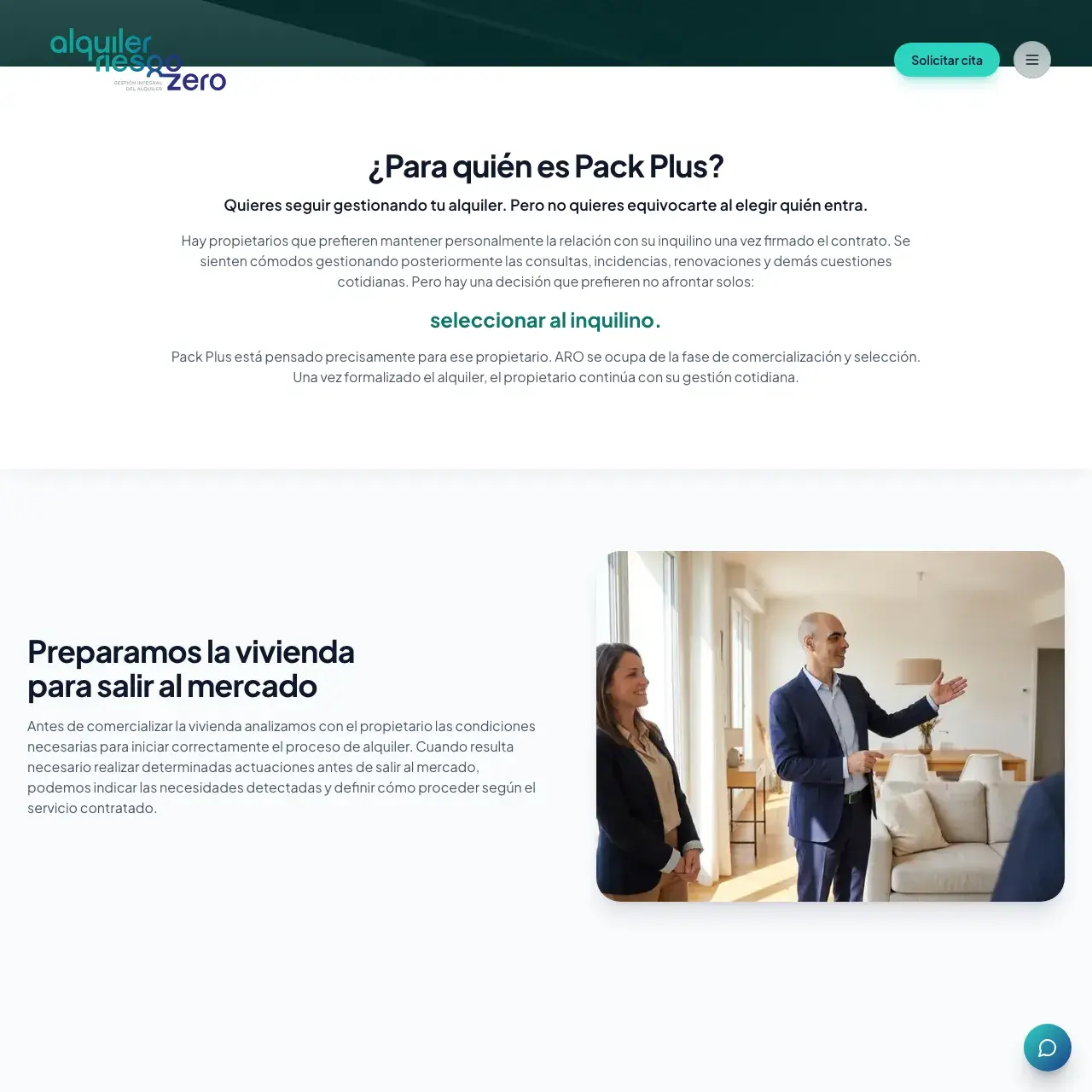 Sección «¿Para quién es Pack Plus?» de la web de Alquiler Riesgo Zero