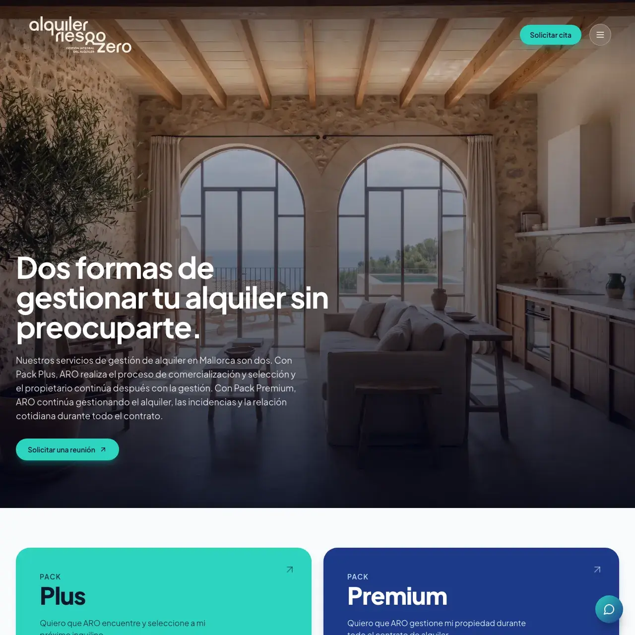 Página de servicios de Alquiler Riesgo Zero con los packs Plus y Premium