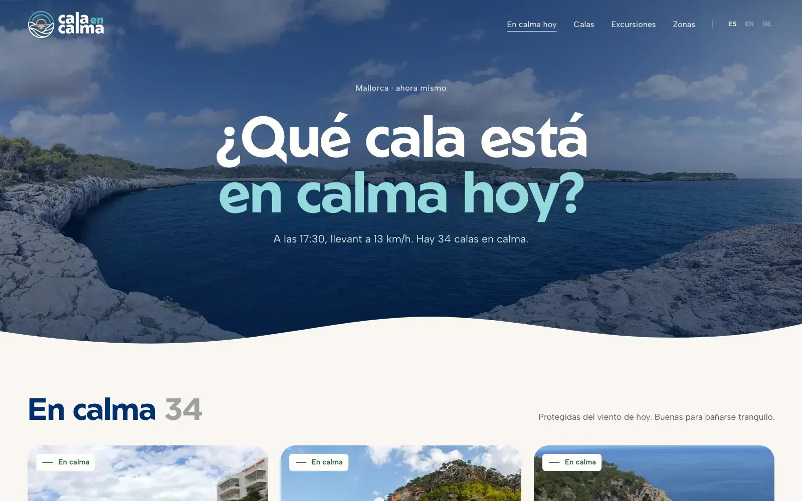 La página «¿Qué cala está en calma hoy?»