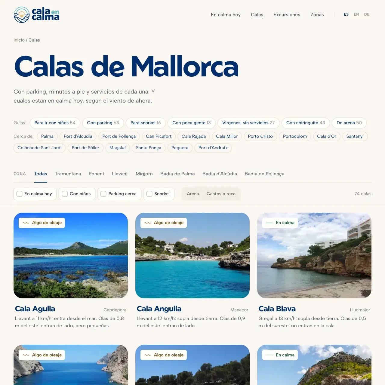 Listado de calas de Mallorca con filtros en calaencalma.com