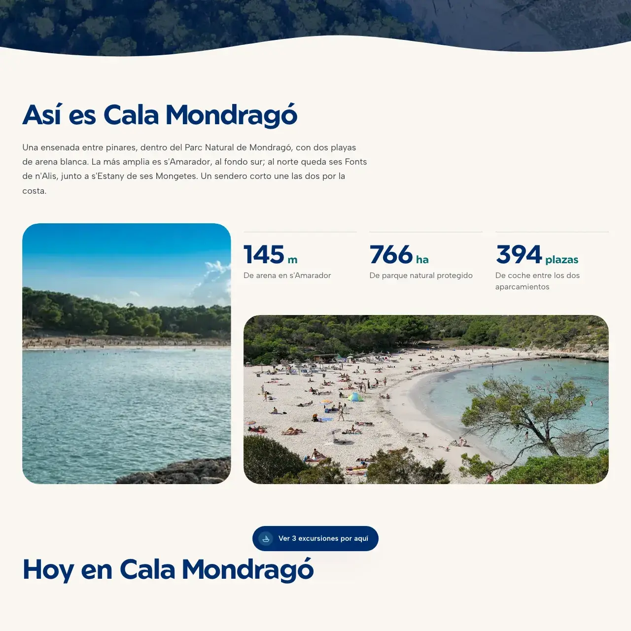 Datos y fotos de Cala Mondragó en su ficha de calaencalma.com