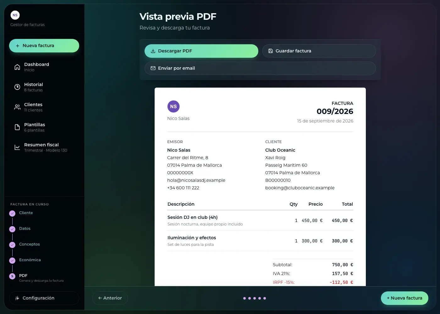 Vista previa del PDF final de una factura de Nico, con emisor y cliente