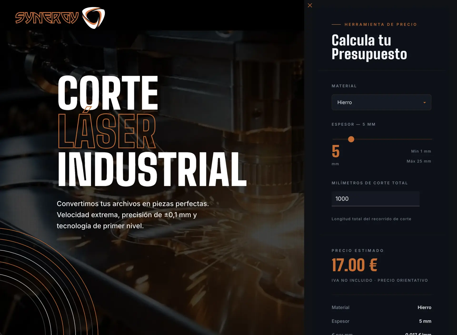 Calculadora de presupuesto por material y espesor