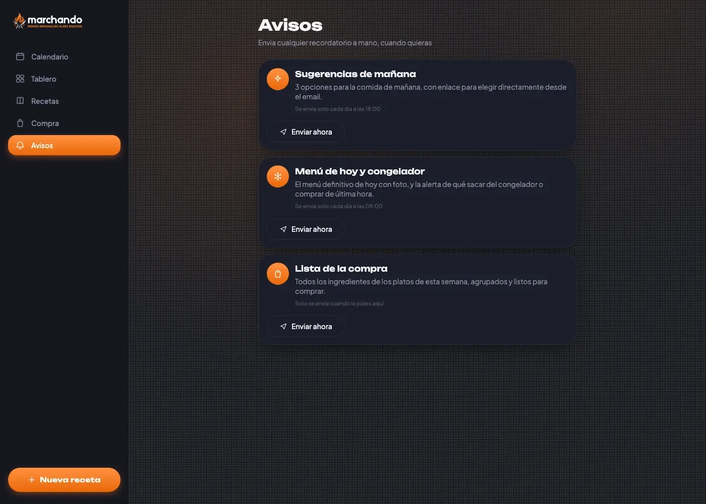 Panel de avisos por email: sugerencias del día siguiente, menú y congelador, y lista de la compra
