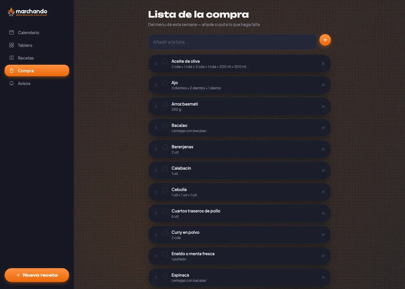 Lista de la compra generada automáticamente a partir del menú semanal