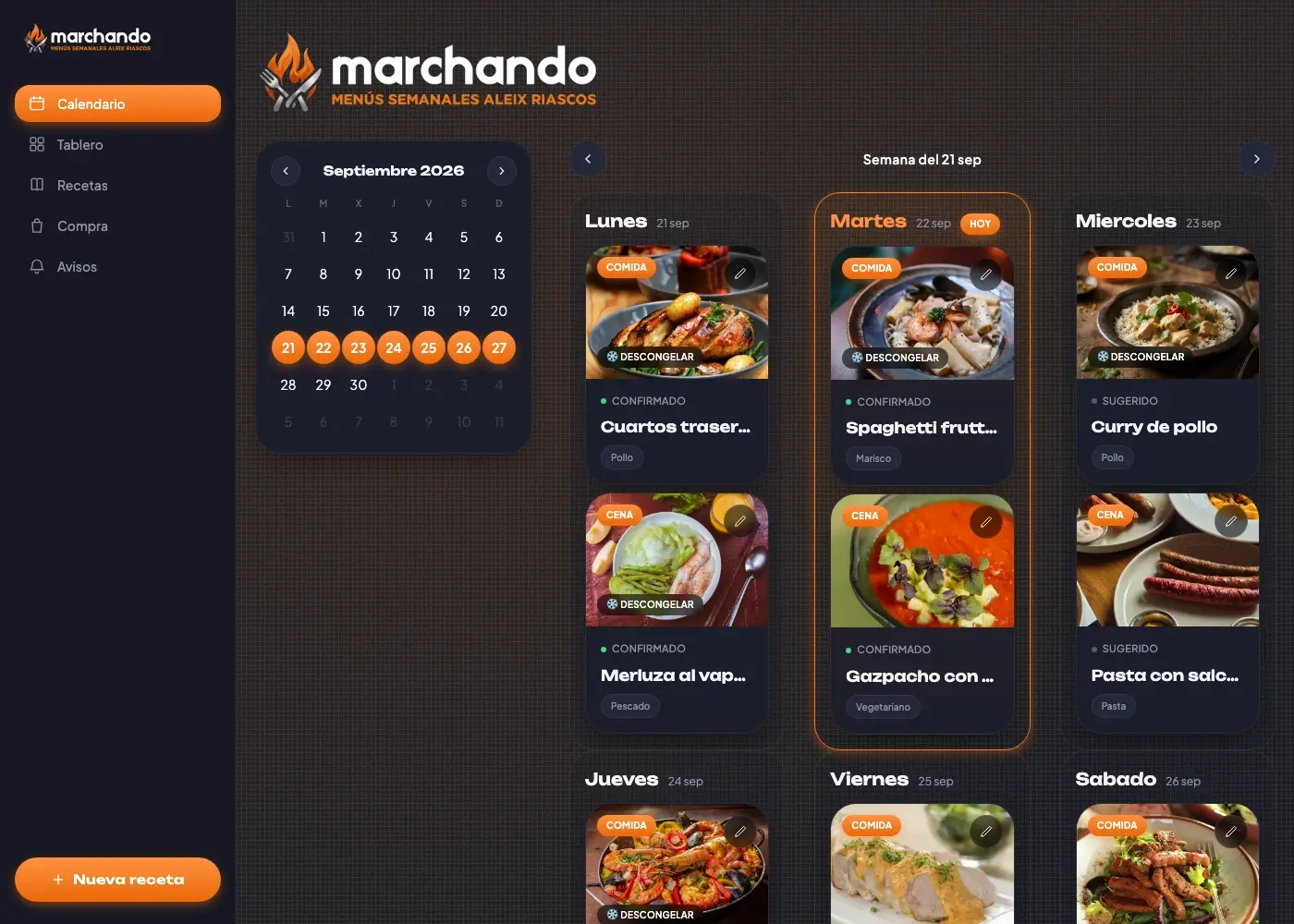 Calendario semanal de Marchando, con comida y cena de cada día