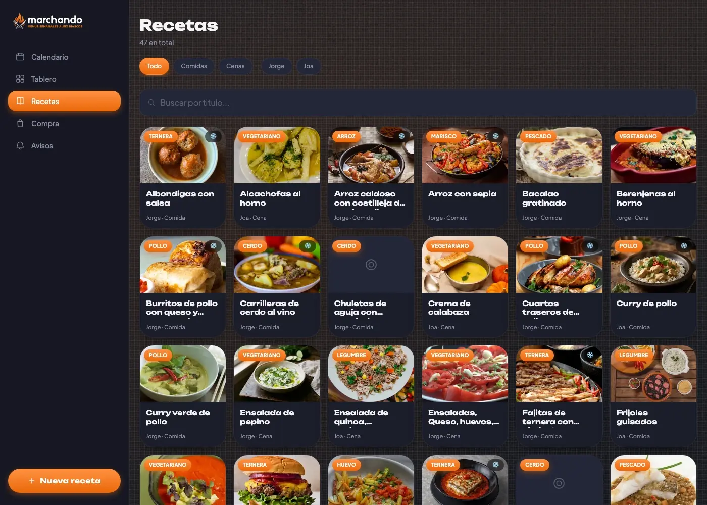 Recetario de Marchando con filtros por autor y tipo de plato