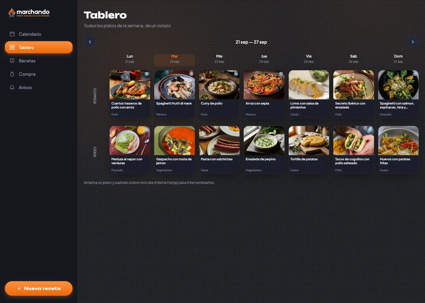 Tablero con el menú de toda la semana, comida y cena