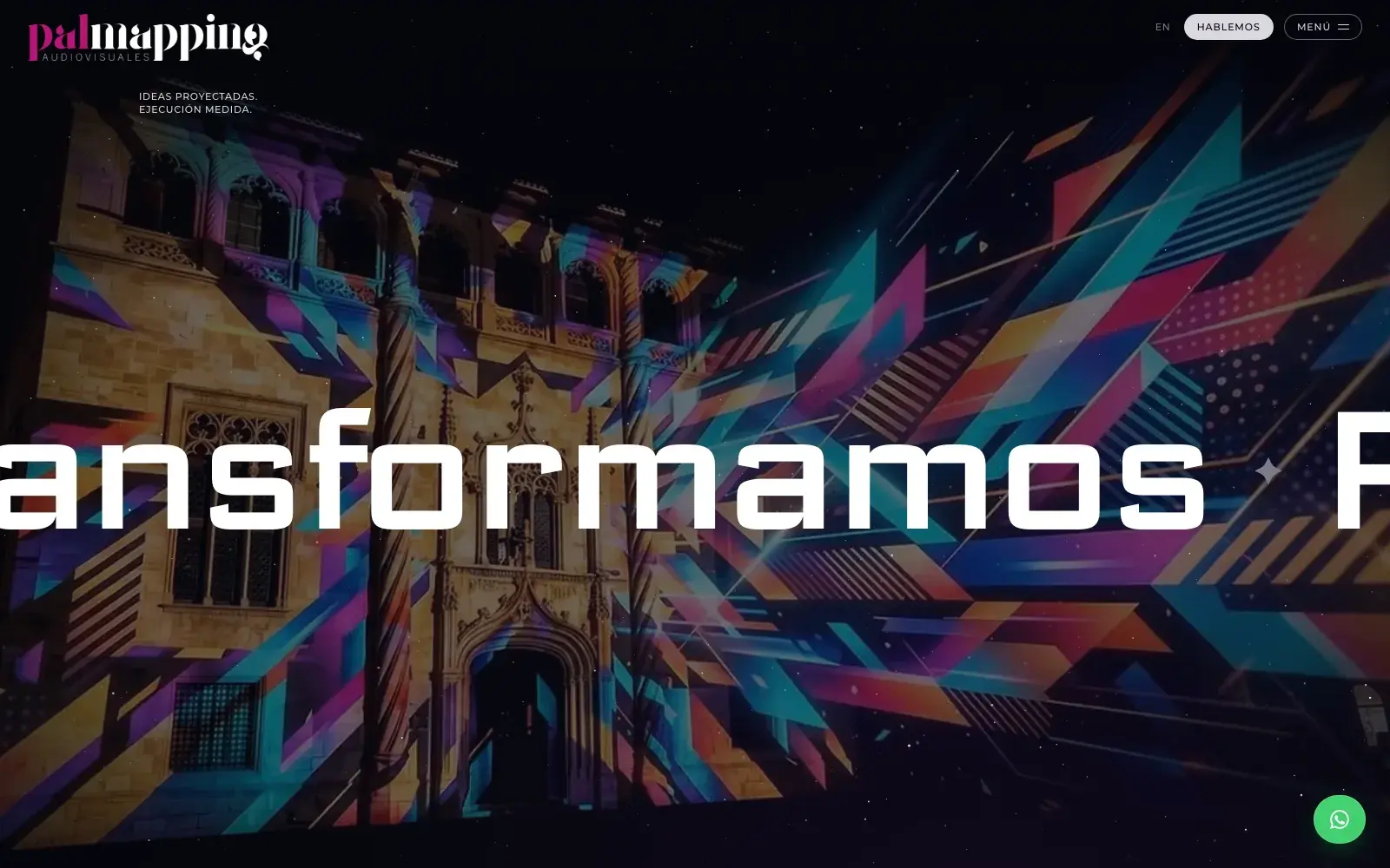 Sección «Transformamos» de la portada de Palmapping, con un mapping sobre una fachada