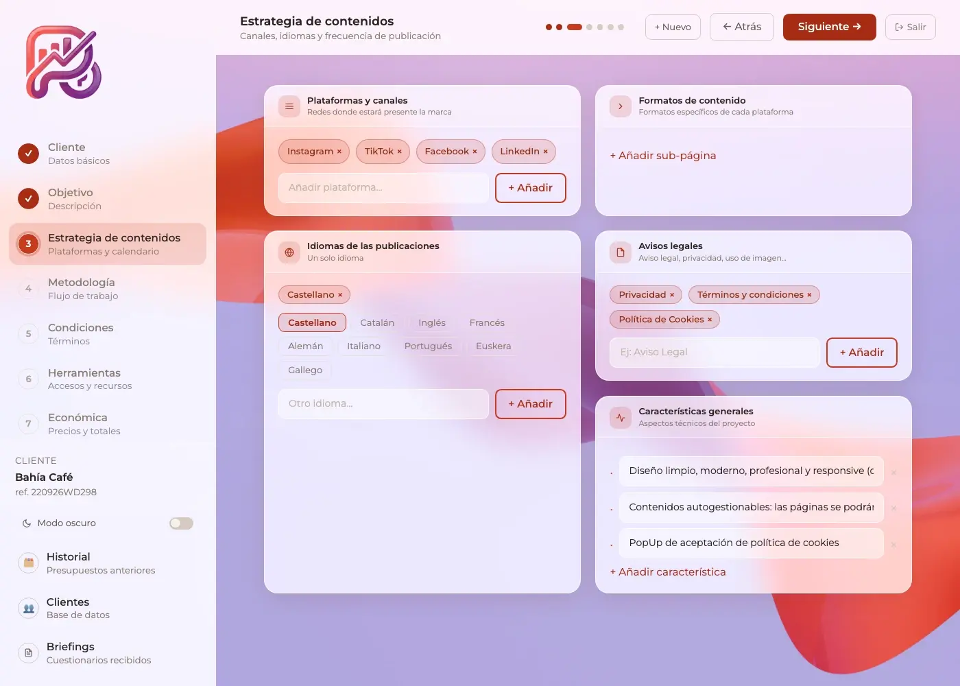 Paso 3: plataformas, idiomas y características del proyecto