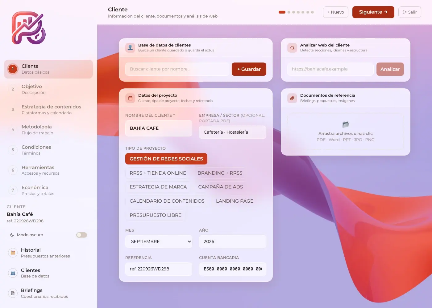 Paso 1: datos del cliente y tipo de proyecto (redes sociales, Ads, branding...)