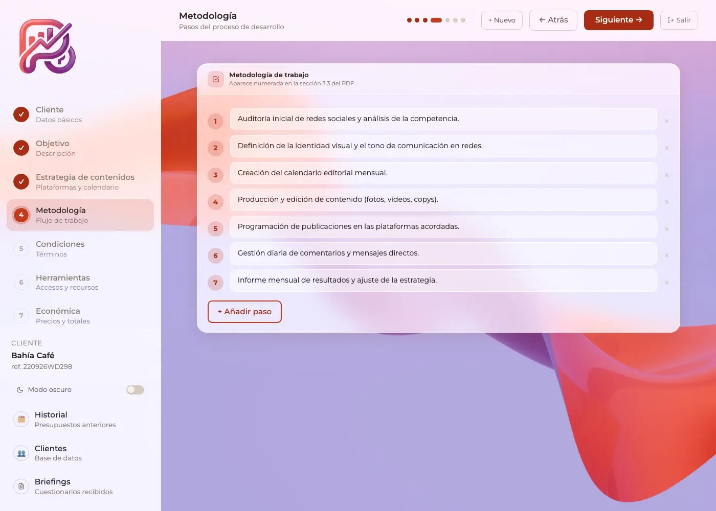 Paso 4: metodología de trabajo, numerada y editable