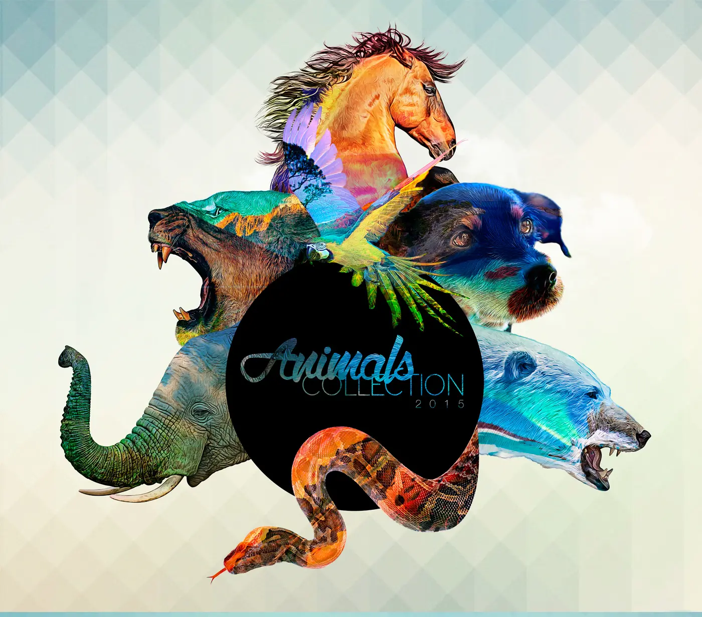 Collage de dobles exposiciones de animales con el logotipo Animals Collection