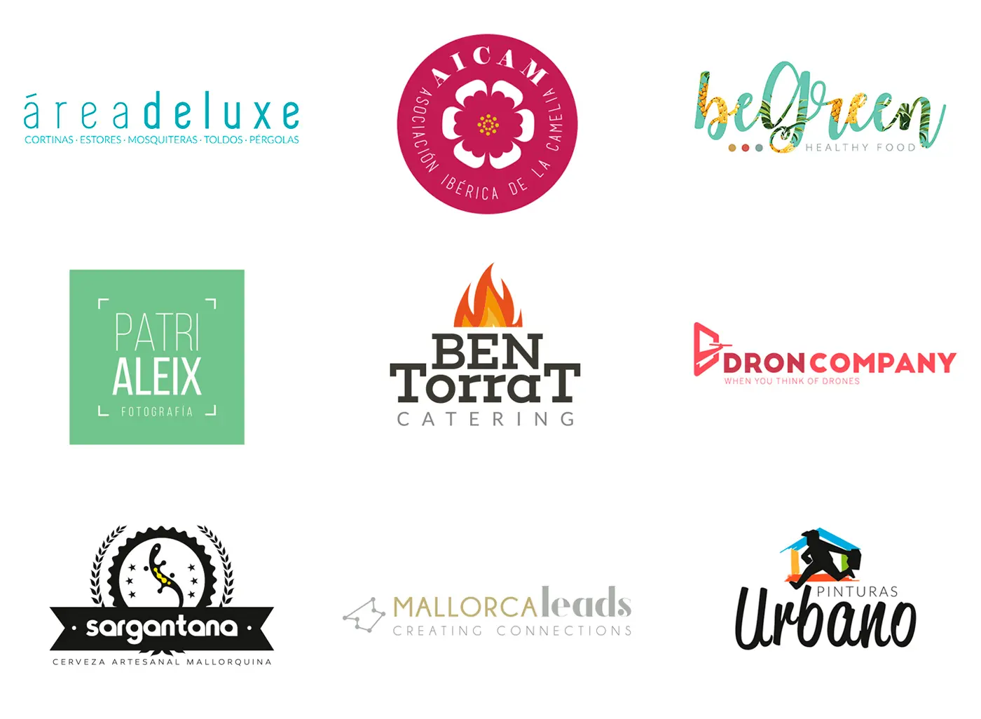 Selection of logos: áreadeluxe, AICAM, beGreen, Patri Aleix, Ben Torrat, DronCompany, Sargantana, MallorcaLeads, Pinturas Urbano