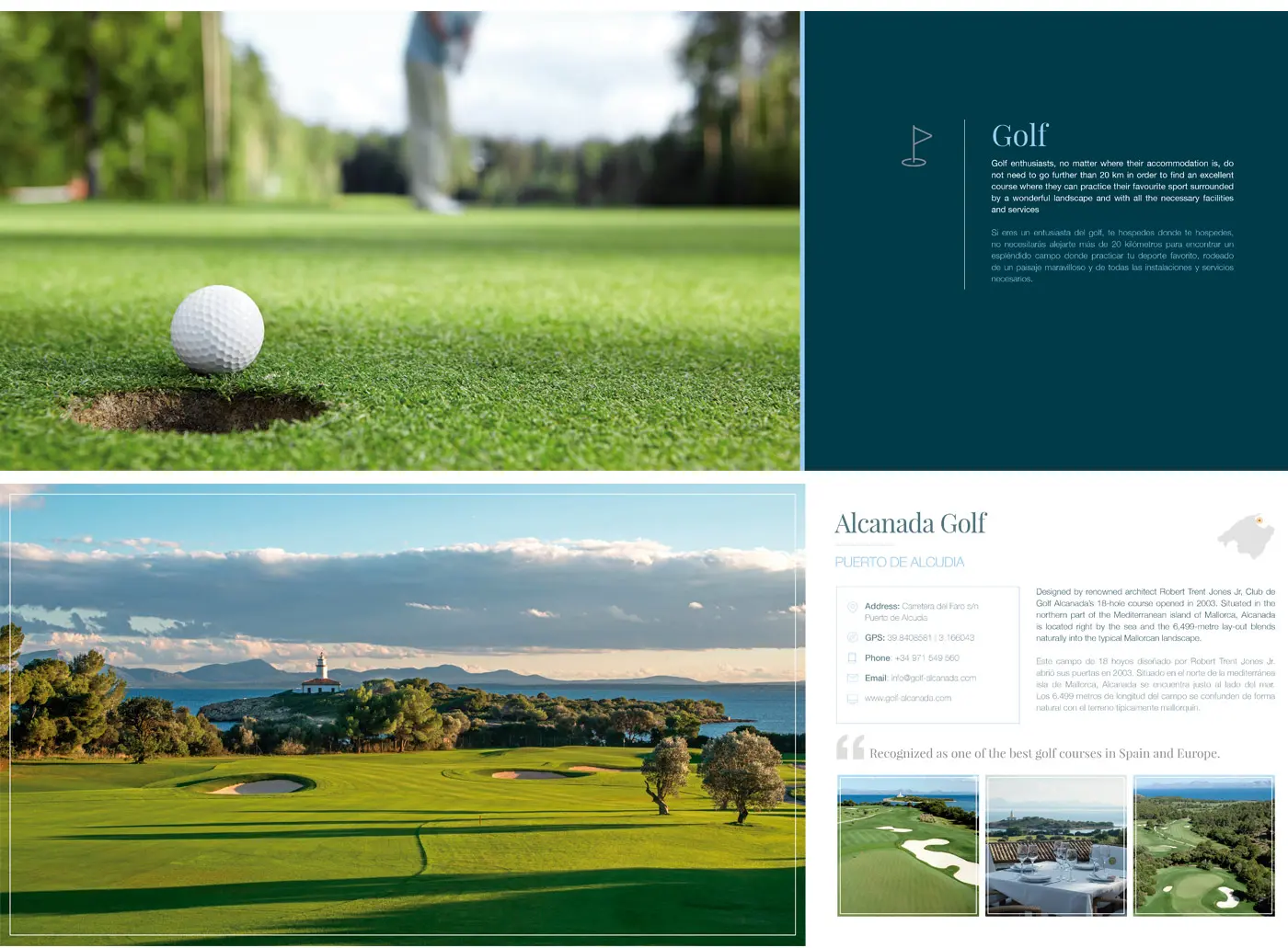 Página de la sección Golf con bola junto al hoyo y vista del campo Alcanada Golf junto al mar