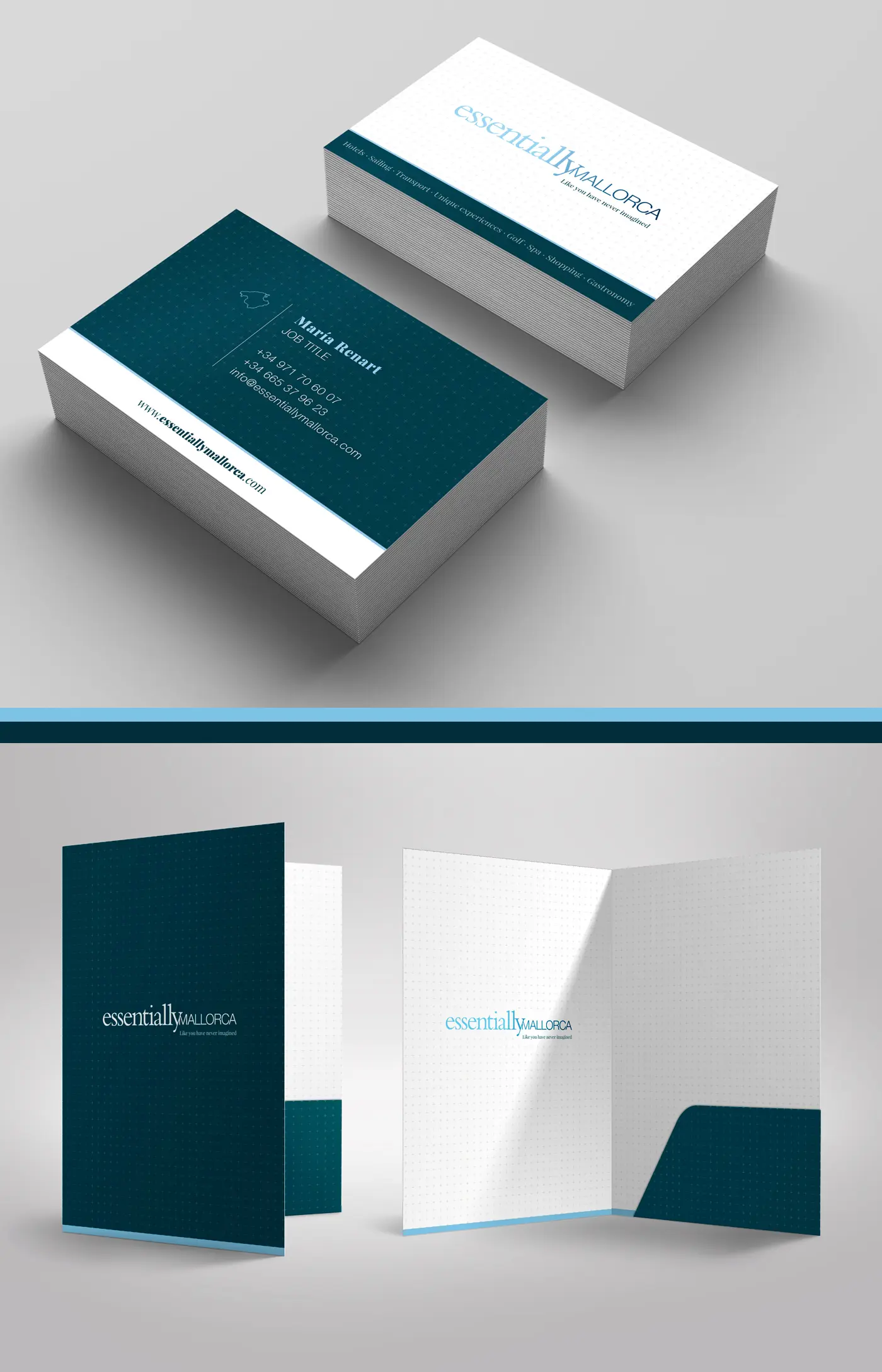 Tarjetas de visita y carpeta corporativa con el logotipo essentiallyMALLORCA en azul petróleo