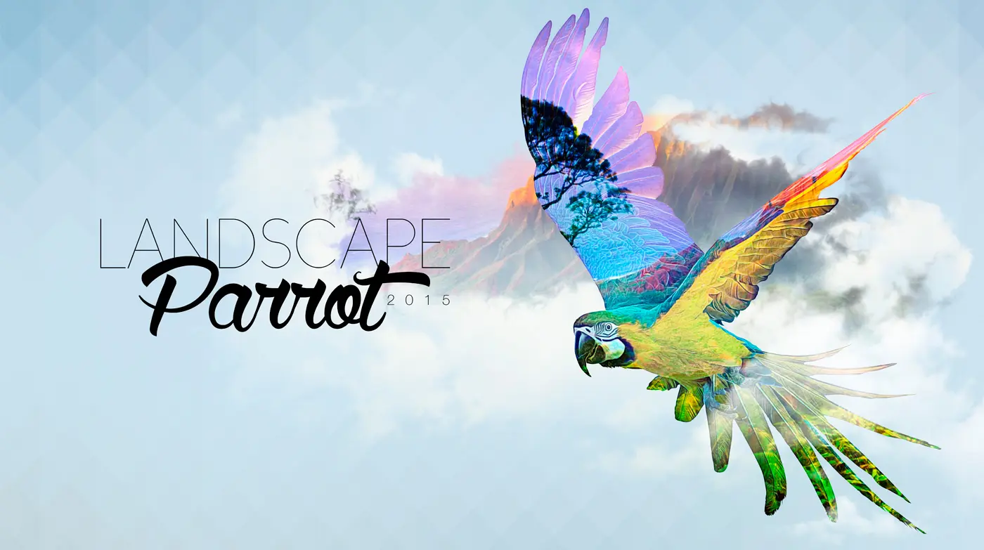 Doble exposición de un guacamayo en vuelo fusionado con un paisaje de montaña