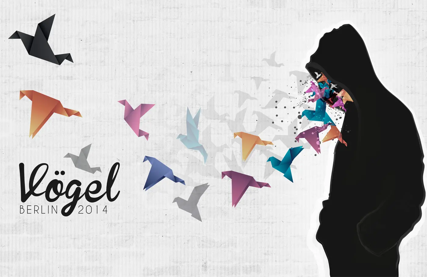 Cartell d'ocells d'origami acolorits sortint d'una silueta encaputxada