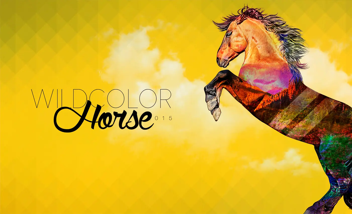 Doble exposición de un caballo encabritado con paisaje otoñal sobre fondo amarillo
