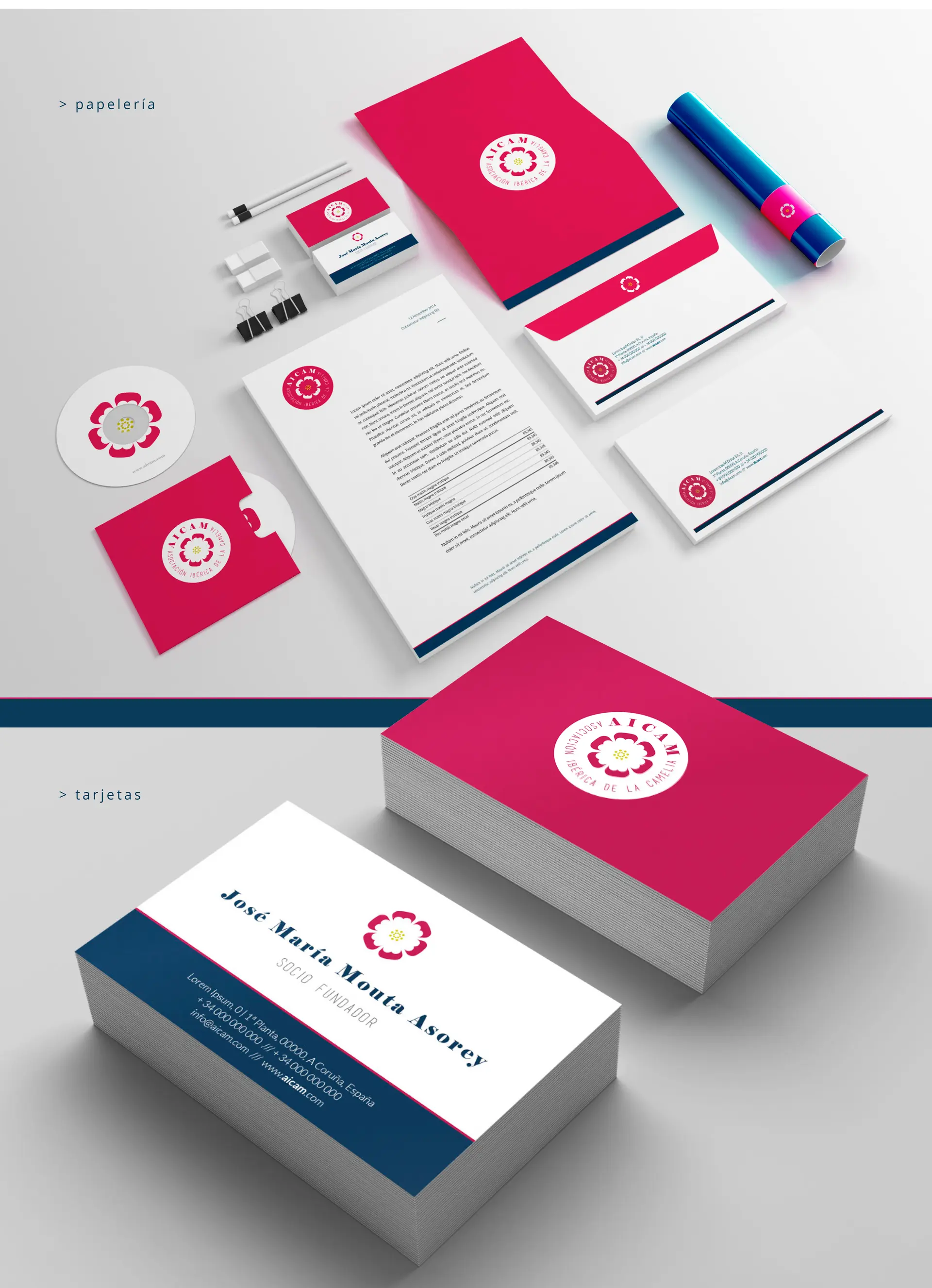Mockup of corporate stationery with folders, business cards and envelopes in pink and white