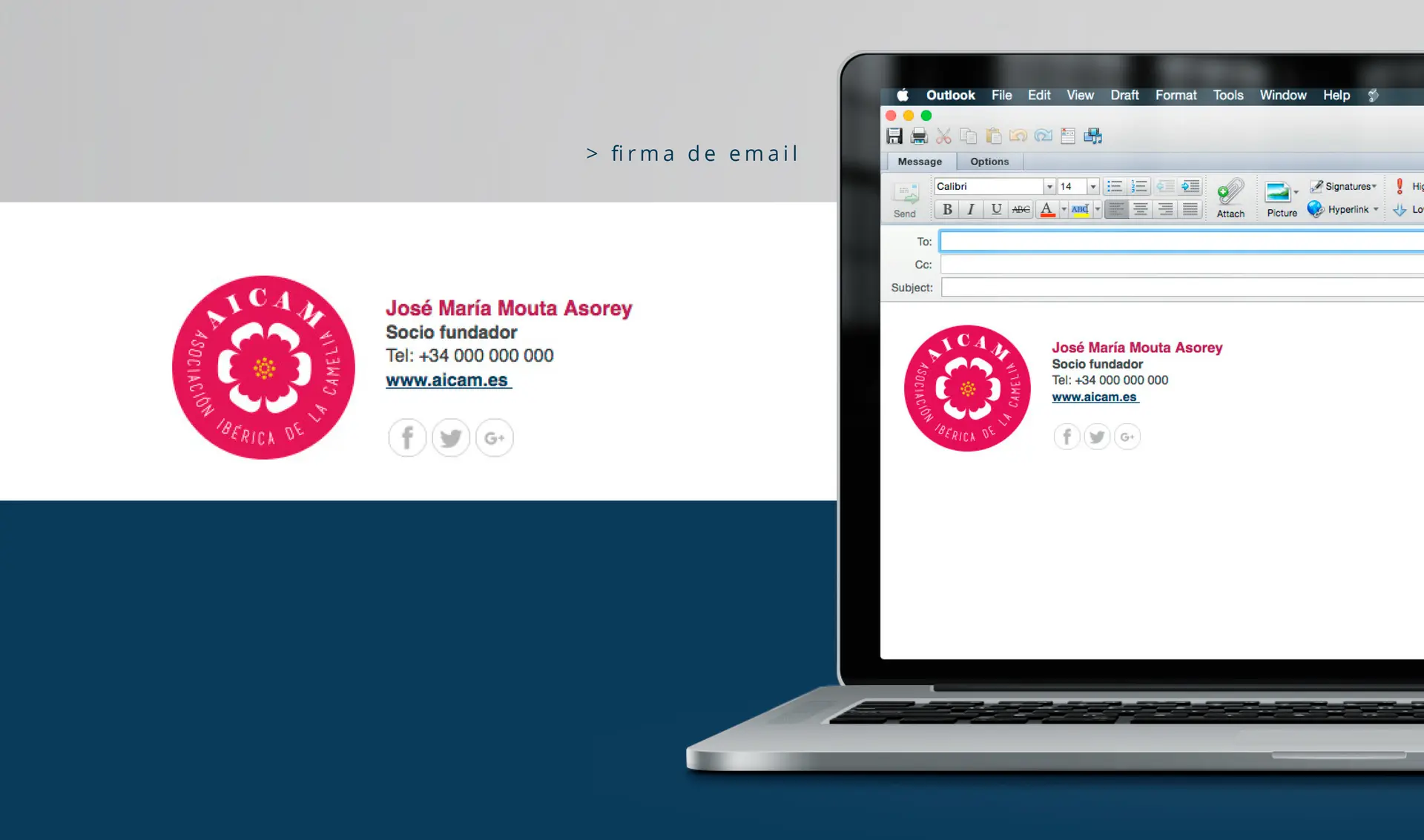 Mockup of an email signature with the AICAM seal in Outlook