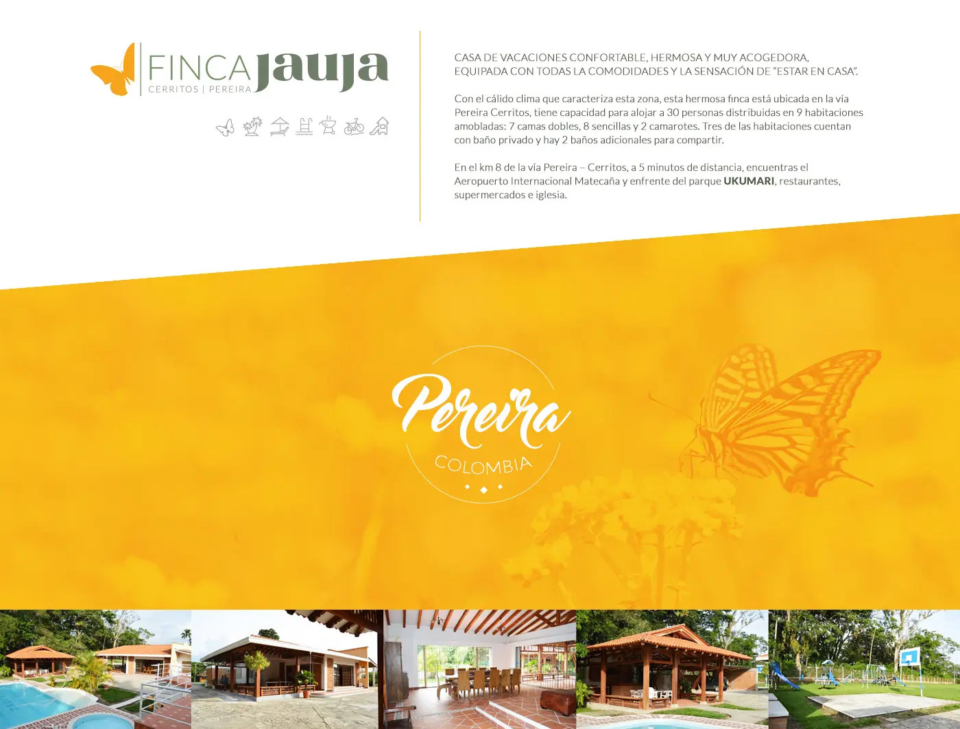 Finca Jauja presentation with a butterfly logo and photos of the pool, dining room and garden