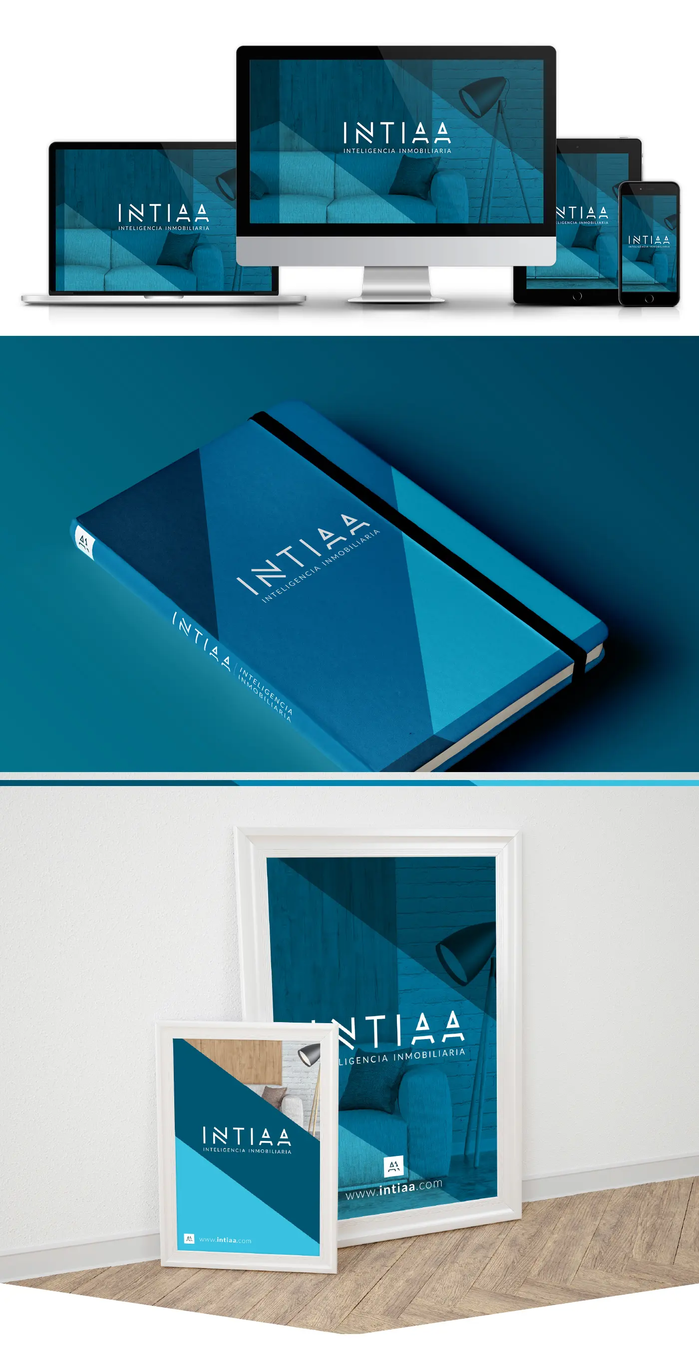 Mockup de la web de Intiaa en varios dispositivos, libreta y pósters enmarcados en azul duotono