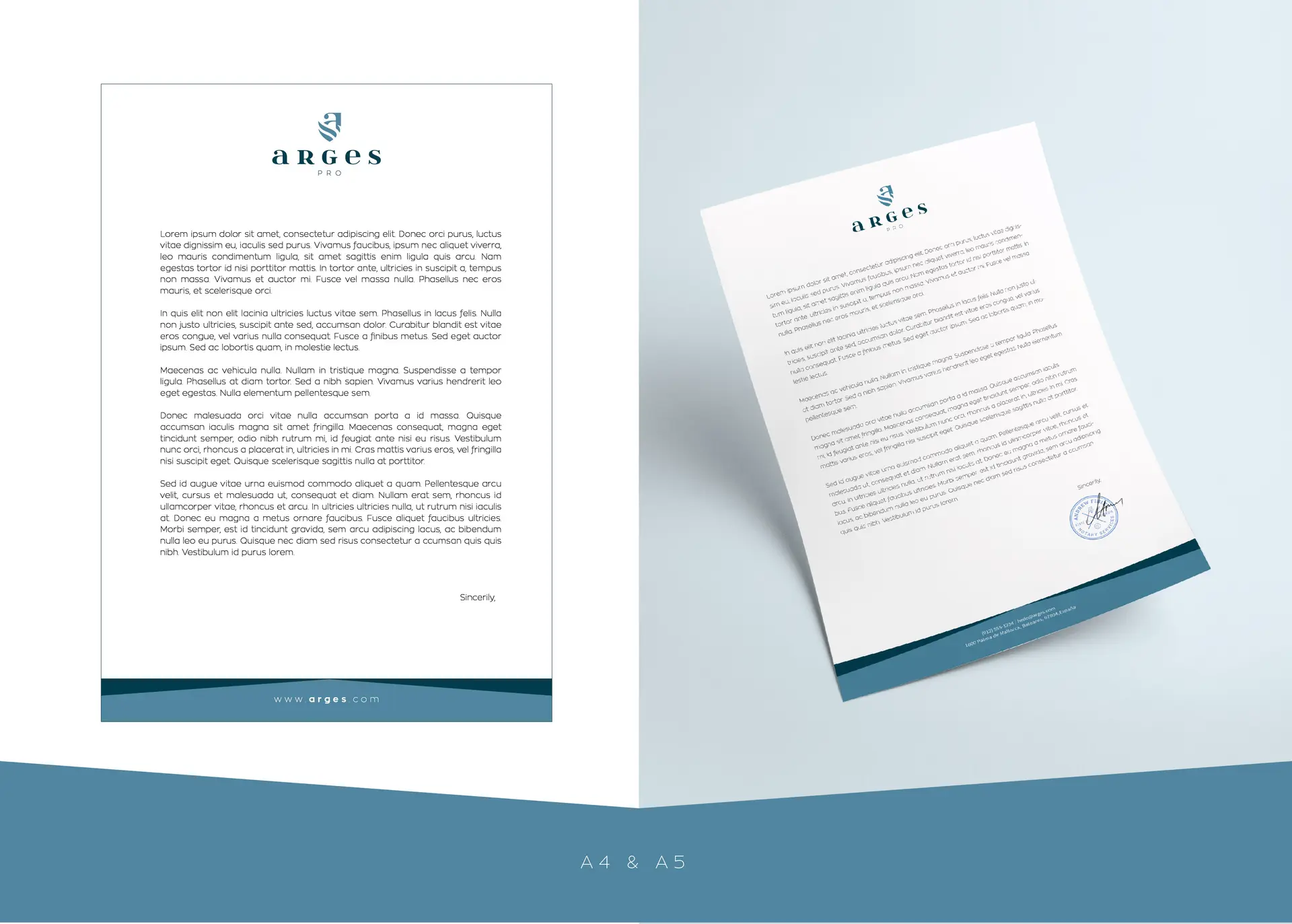 Mockup of letterhead with the Arges Pro heading in A4 and A5 formats
