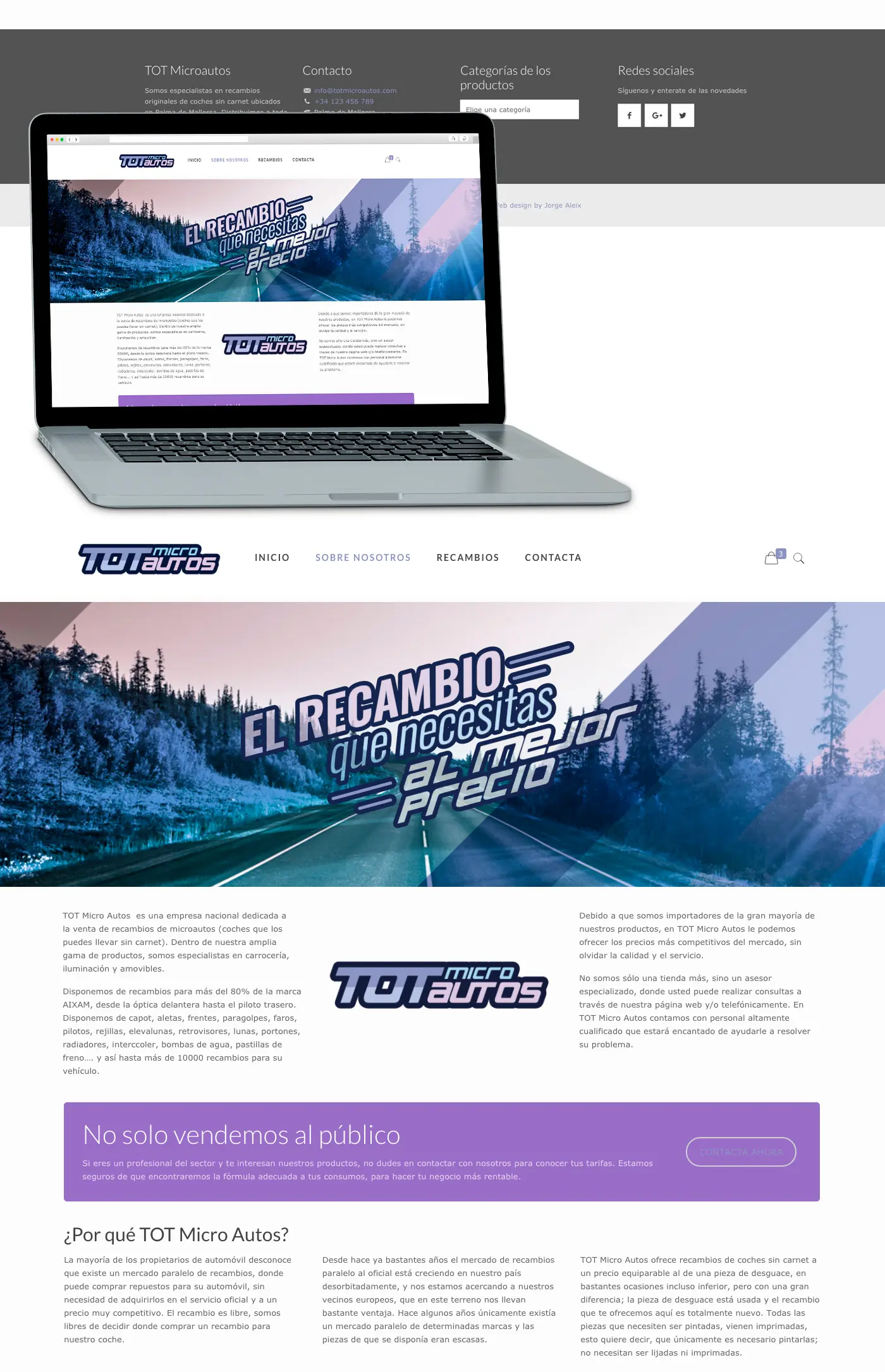 Laptop mockup and full view of the Tot Microautos homepage with its road cover image