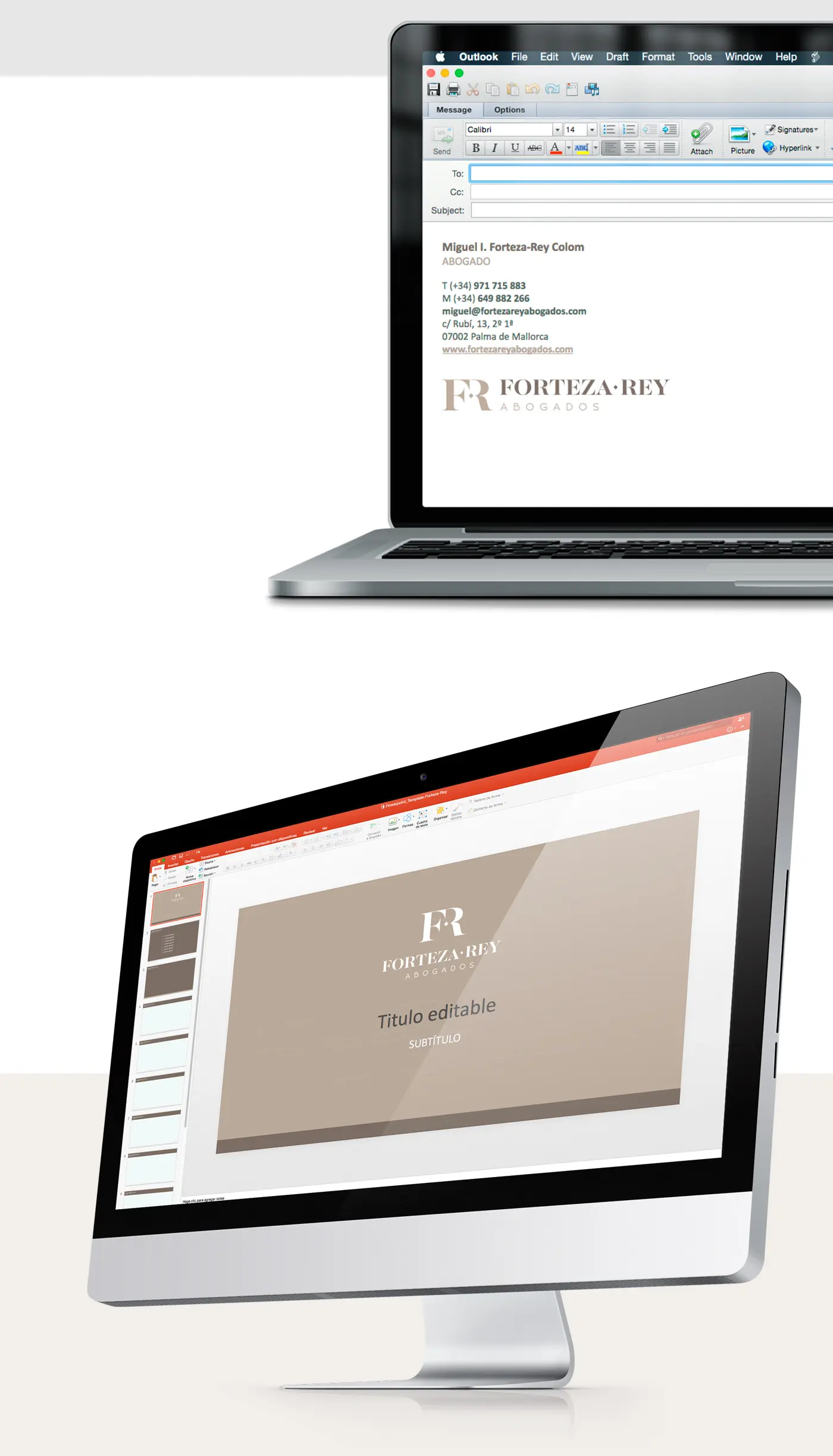 Firma de email y plantilla de PowerPoint con el logotipo de Forteza-Rey Abogados
