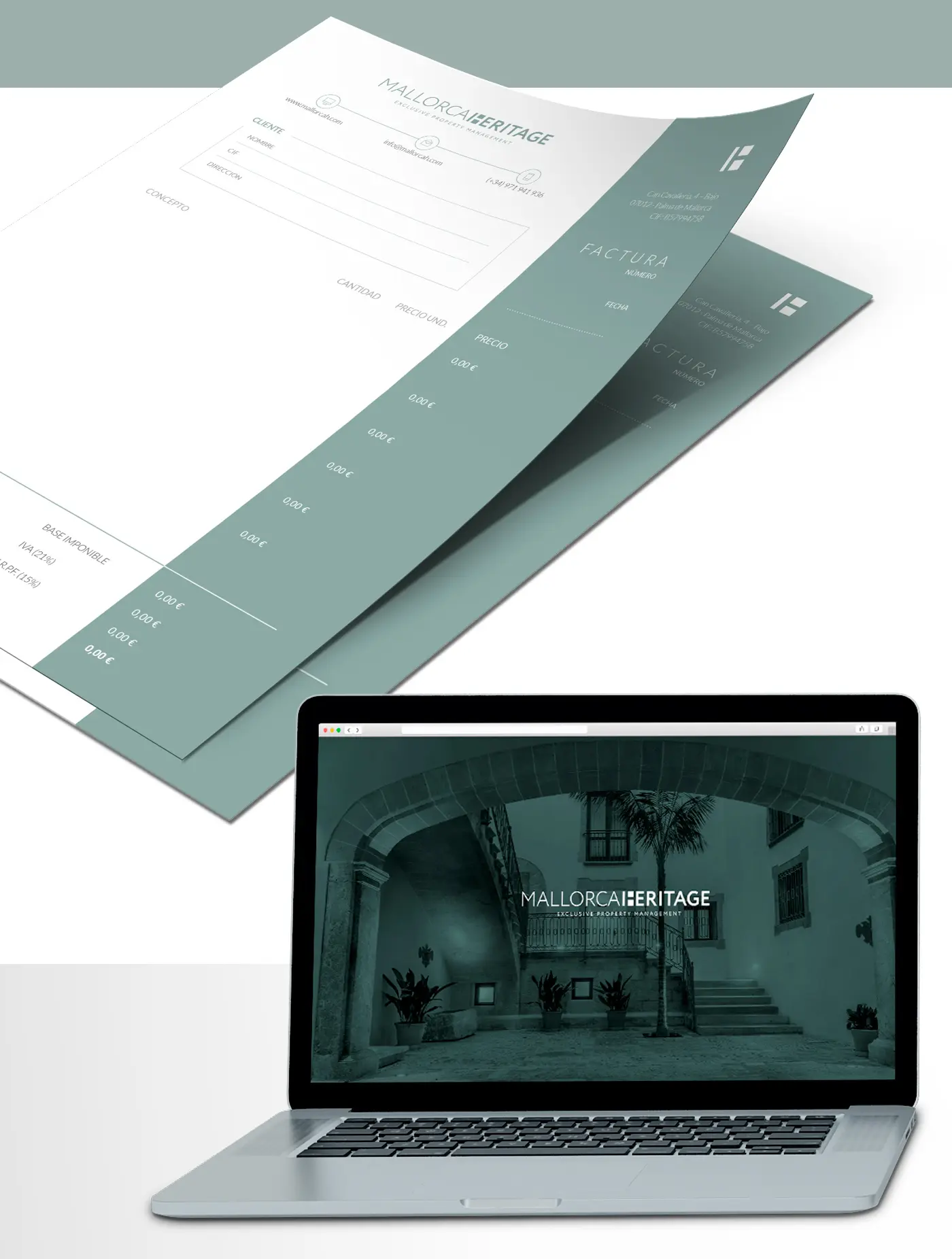 Mockup de factura corporativa y web de Mallorca Heritage con un patio señorial de Palma