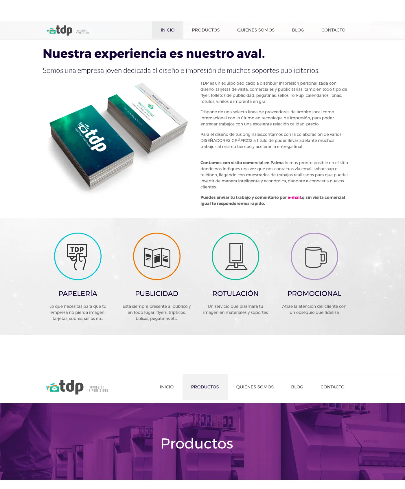 Screenshot of the TDP website with business cards and product menu