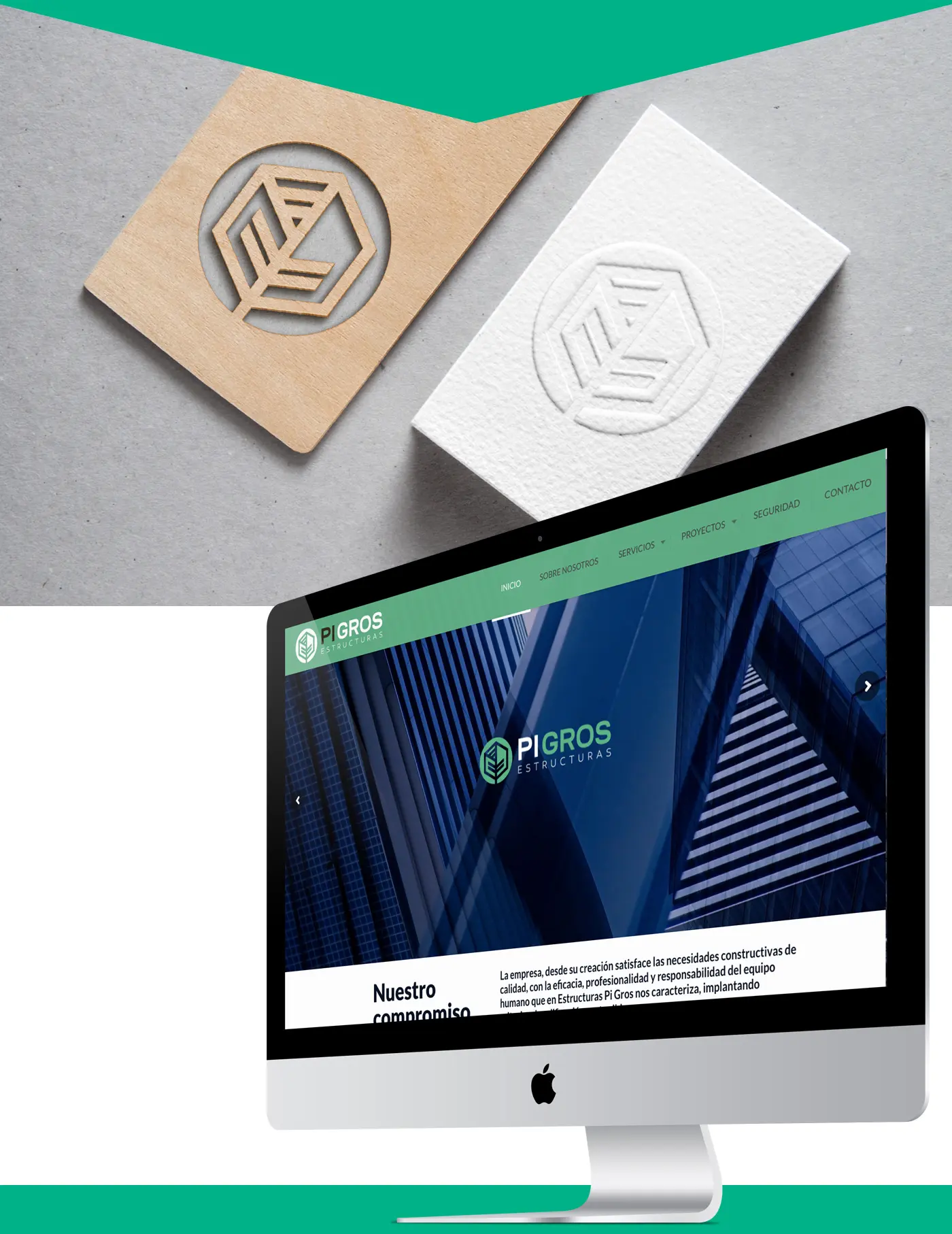 Logotipo de Pi Gros grabado en madera y en relieve sobre tarjeta blanca junto a la web en un iMac