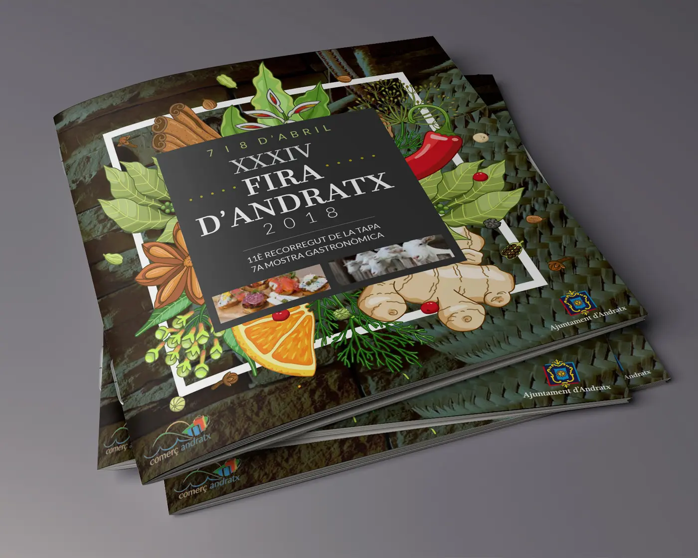 Mockup del programa de la Fira d'Andratx con ilustración de especias y comida