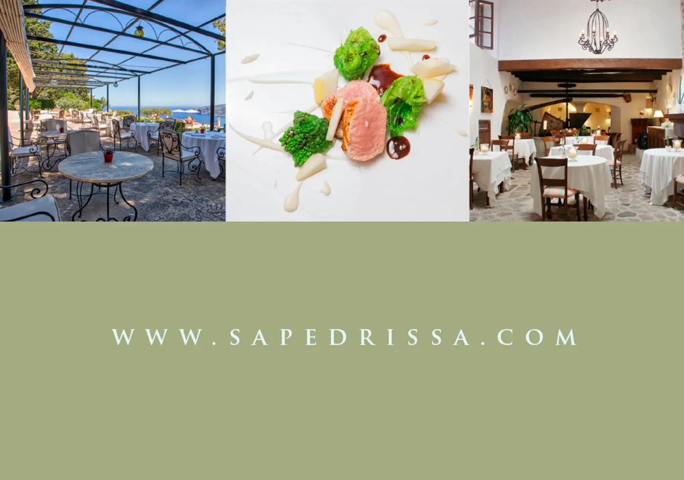 Terraza con vistas al mar, plato de solomillo con verduras y comedor interior de Es Pí
