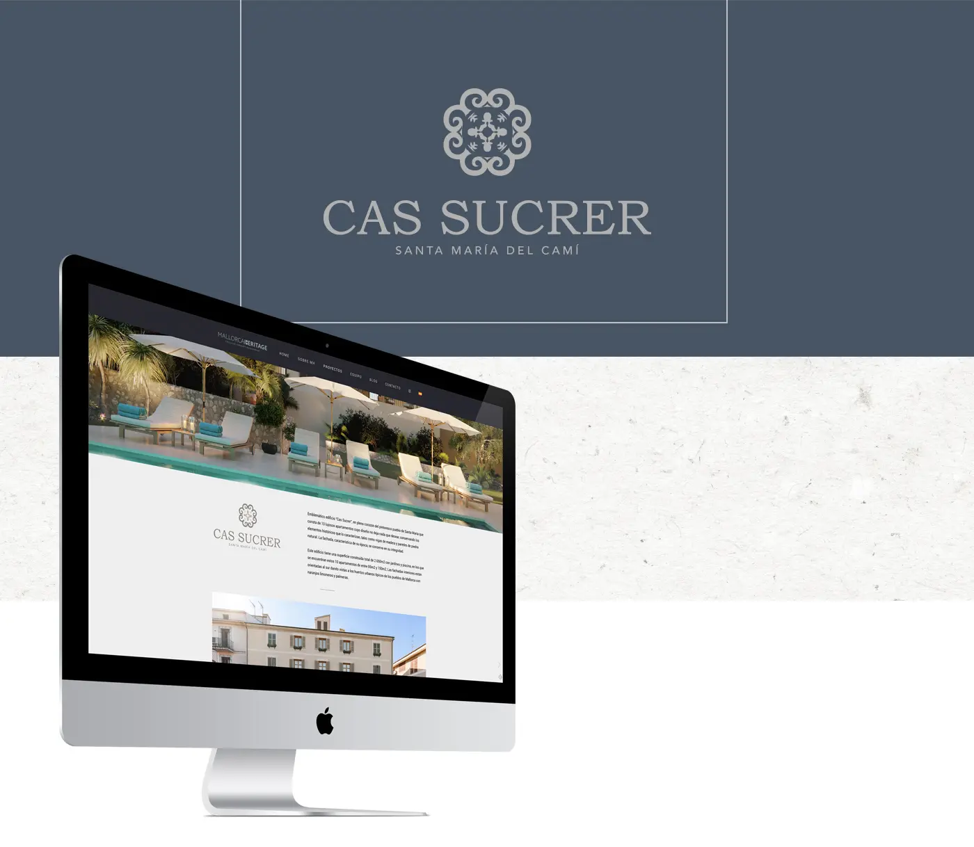 Logotipo heráldico de Cas Sucrer aplicado sobre mockup de iMac con la web del proyecto