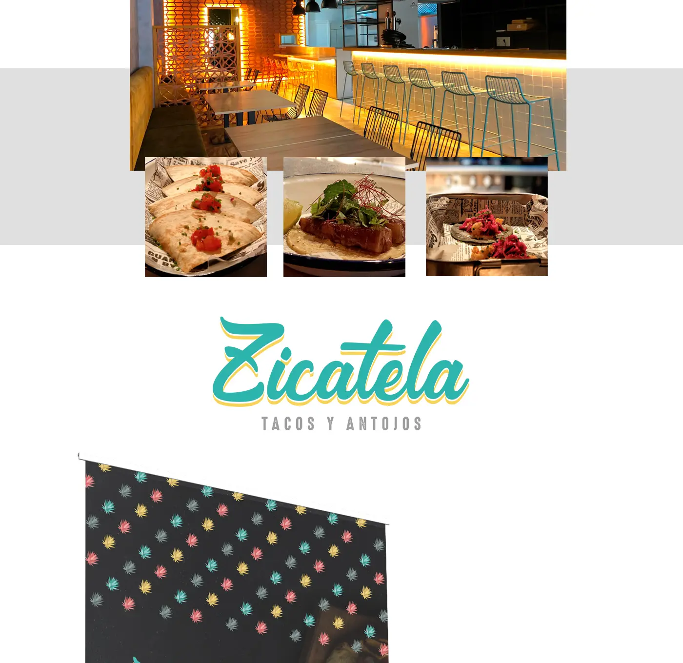 Collage with the venue's lit-up bar, tacos and the Zicatela logotype