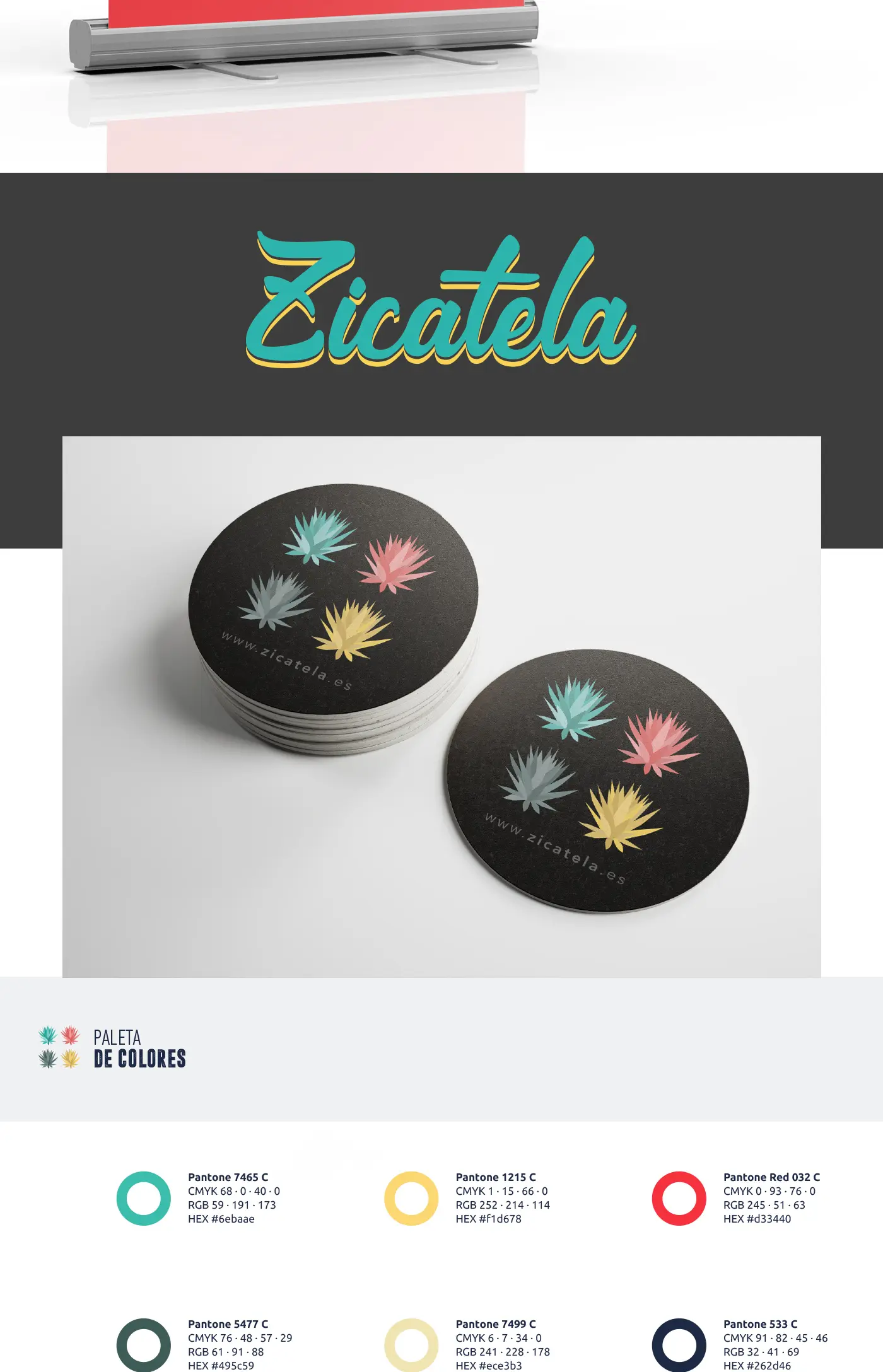 Roll-up with the logotype and coasters with agave illustrations in various colours