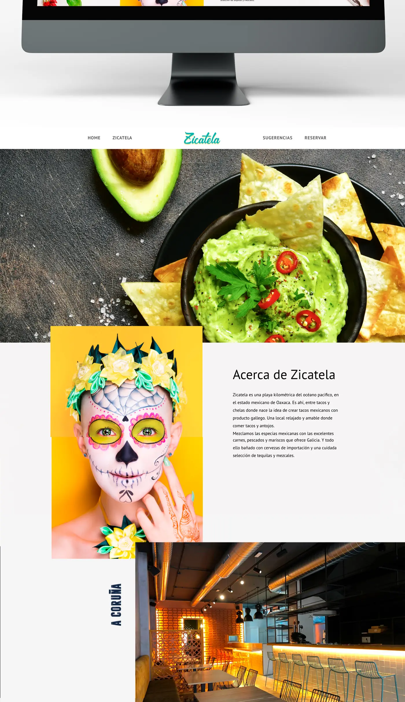 Screenshot of the homepage with a guacamole dish and the About Zicatela section