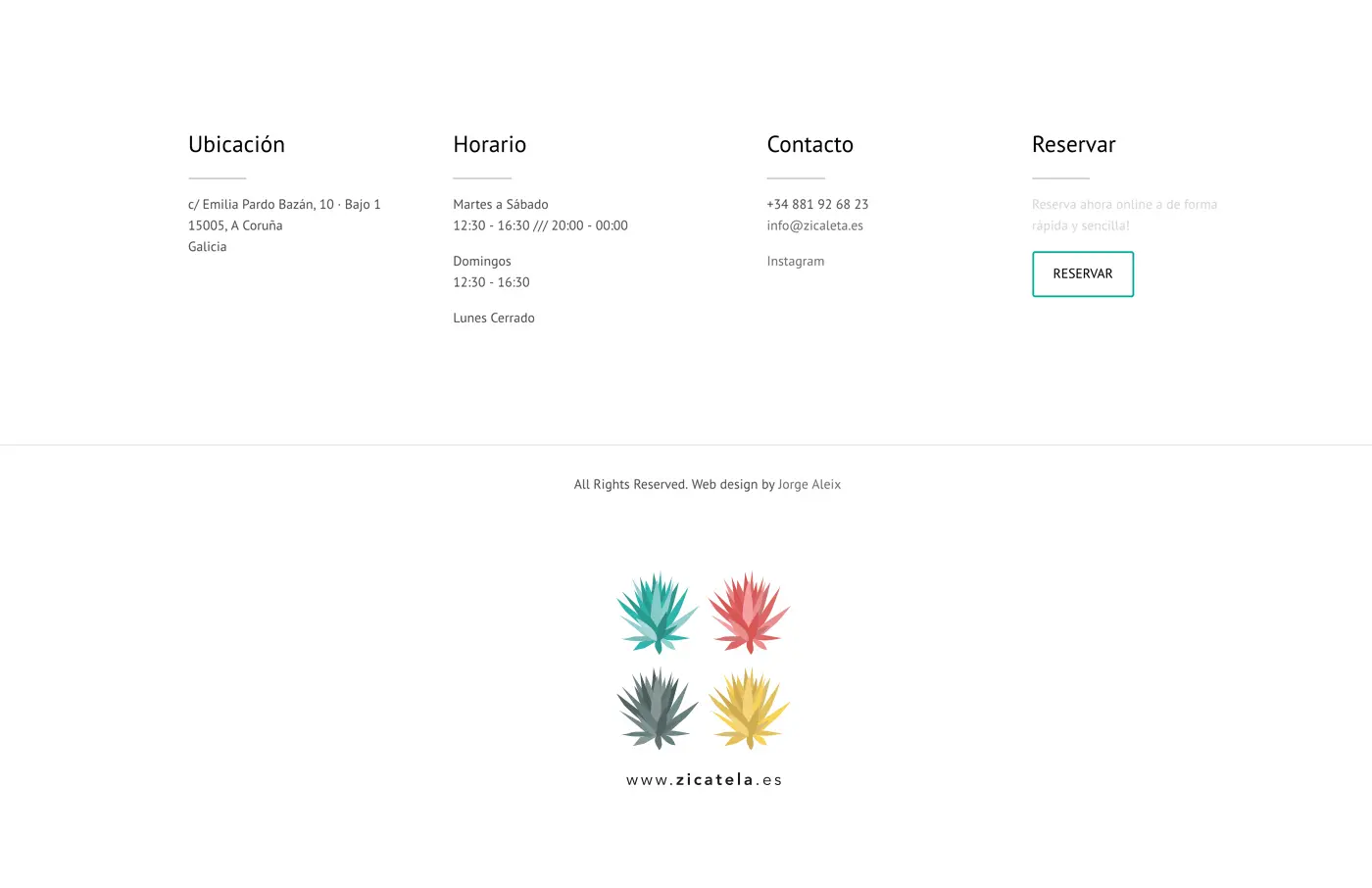 Website footer with contact details, opening hours and the agave icons