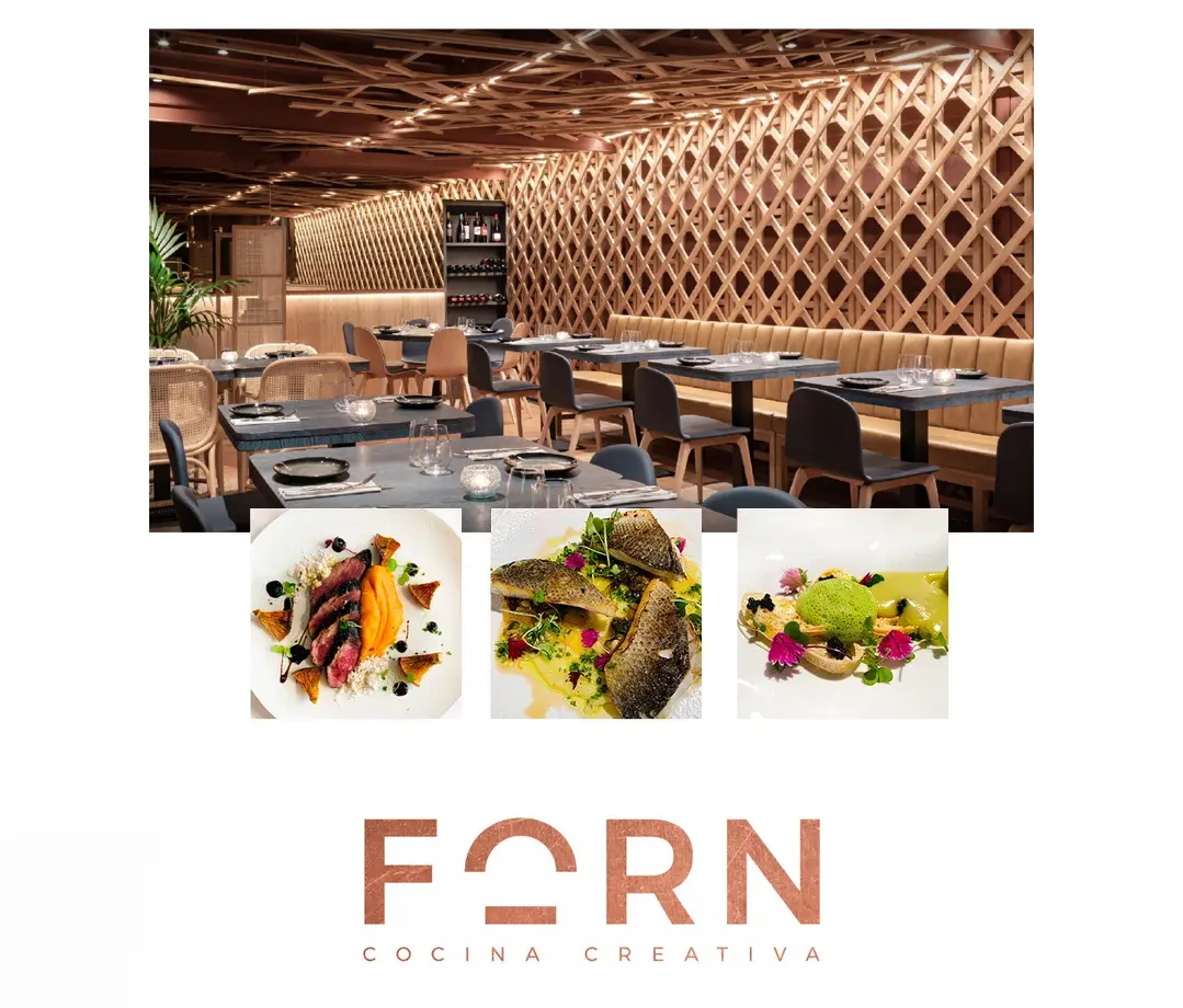 Interior of the Forn restaurant with a wooden lattice screen and three dishes from the menu