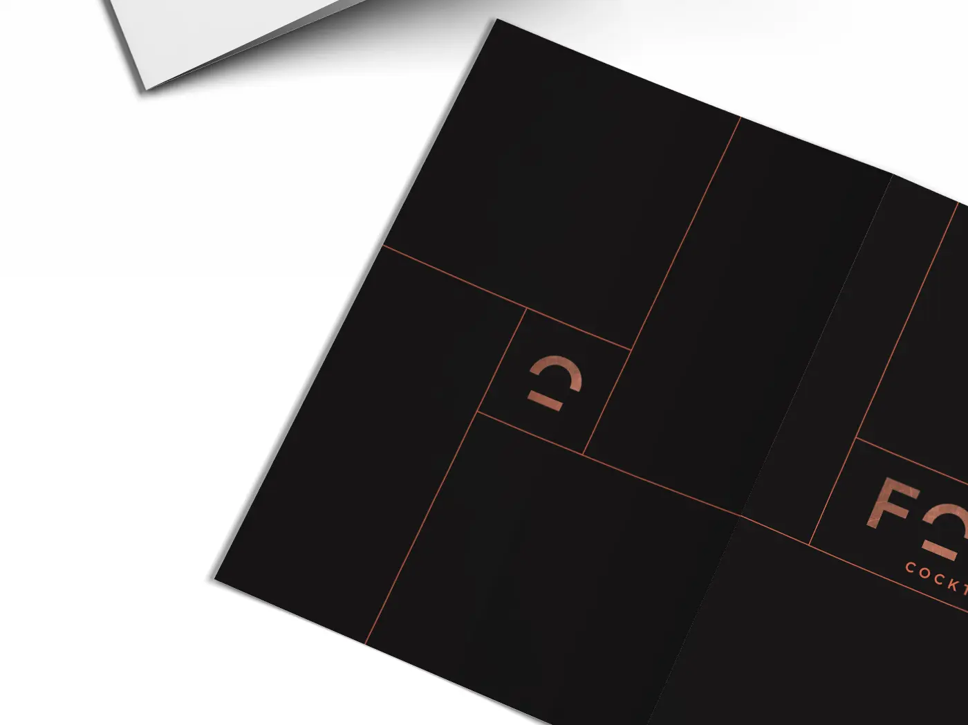 Corporate trifold brochure mockup with a geometric copper-toned grid