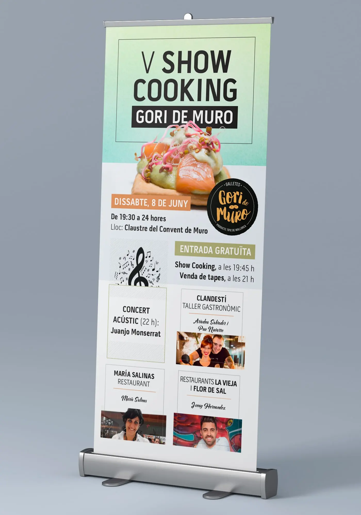 Roll-up publicitari del V Show Cooking Gori de Muro amb foto d'una tapa gurmet