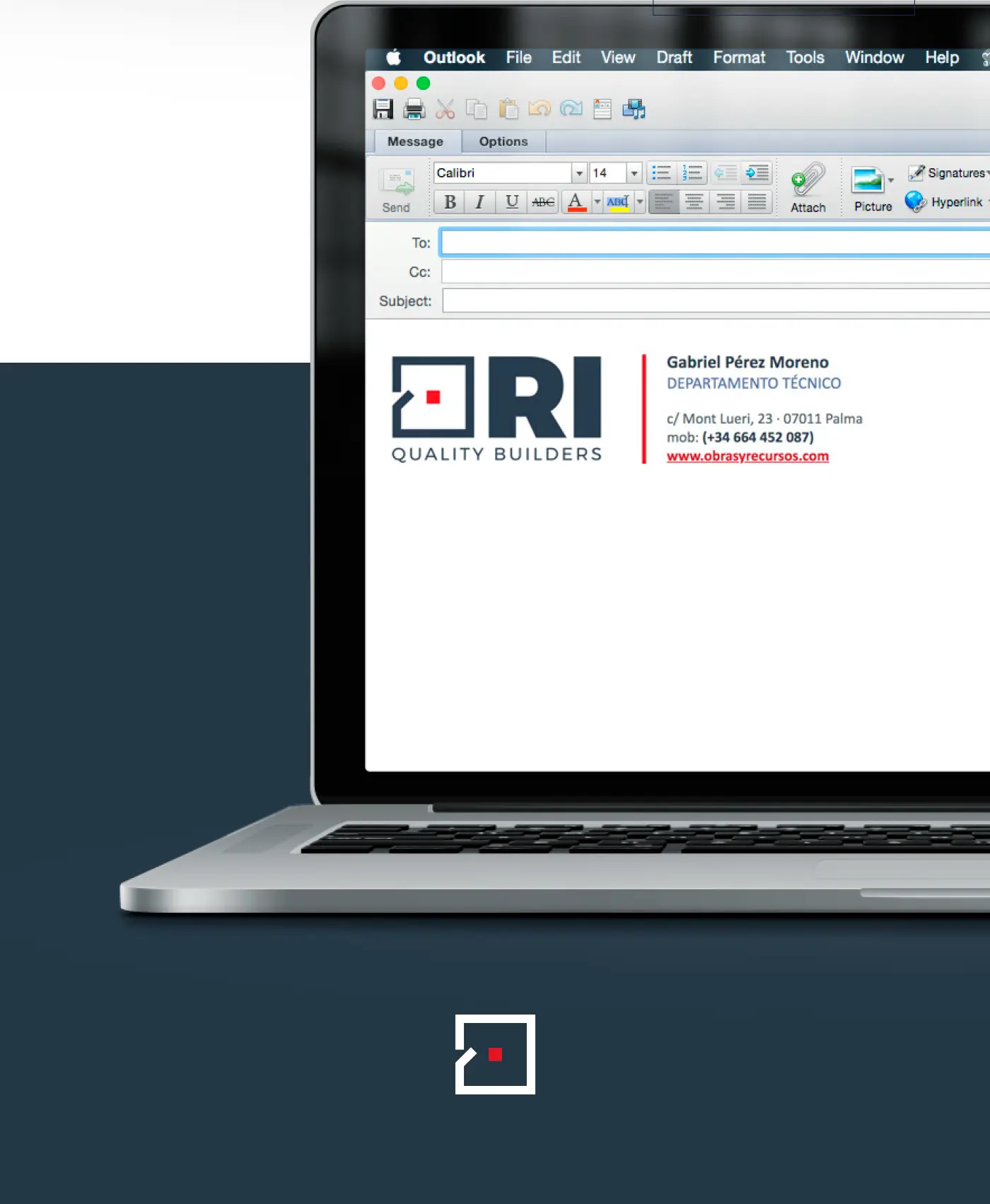 Mockup of an email signature with the logo applied on a laptop