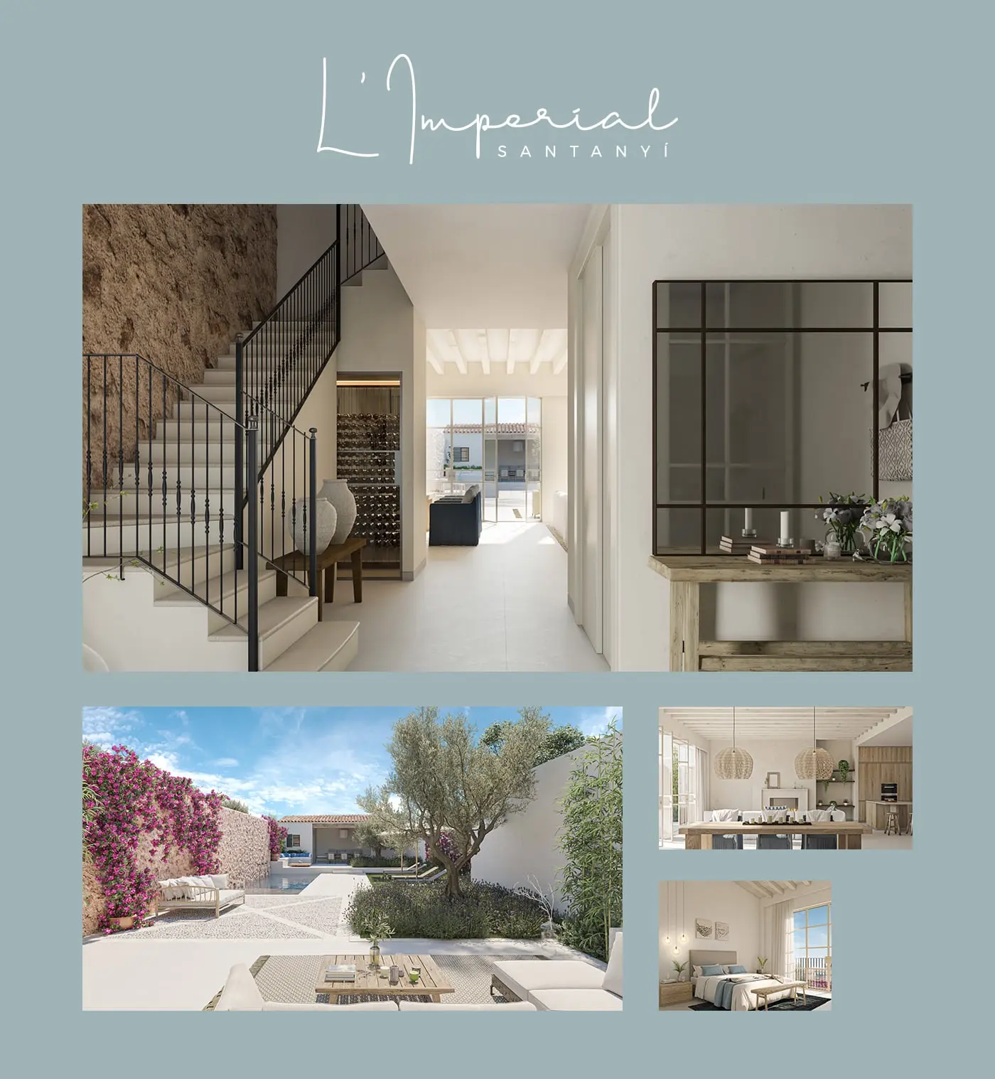 Moodboard de la vivienda L'Imperial con escalera de piedra vista y patio con buganvillas