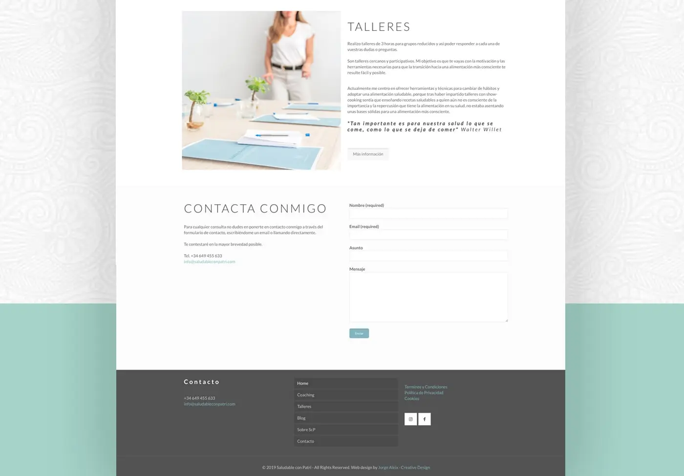 Sección de talleres y formulario de contacto de la web de Saludable con Patri