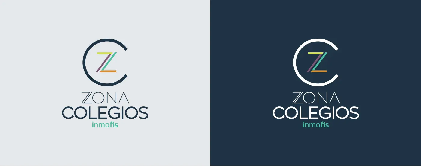 Zona Colegios logo with multicolour letters C and Z on a light background and a dark blue background